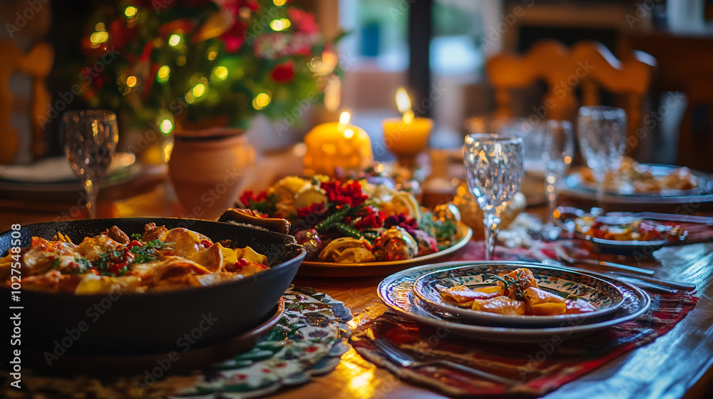 Festive dinner setting with a variety of delicious dishes and candlelight in a cozy atmosphere Festive dinner setting with a variety of delicious dishes and candlelight in a cozy atmosphere