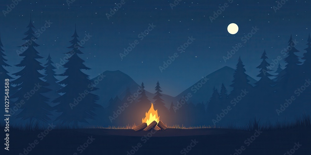Fototapeta premium A serene night scene featuring a glowing campfire amidst tall trees and mountains under a starry sky and bright moon.