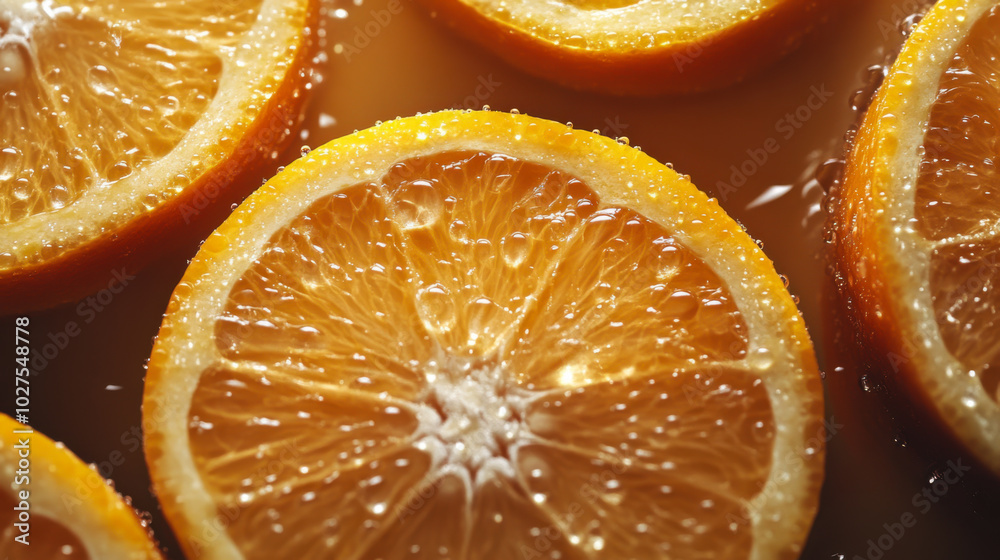 Close-up view of fresh orange slices with sparkling bubbles in soft lighting during a summer afternoon Close-up view of fresh orange slices with sparkling bubbles in soft lighting during a summer afternoon