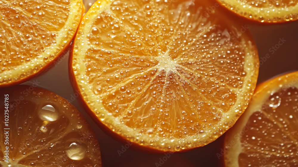 Close-up view of fresh orange slices with sparkling bubbles in soft lighting during a summer afternoon Close-up view of fresh orange slices with sparkling bubbles in soft lighting during a summer afternoon
