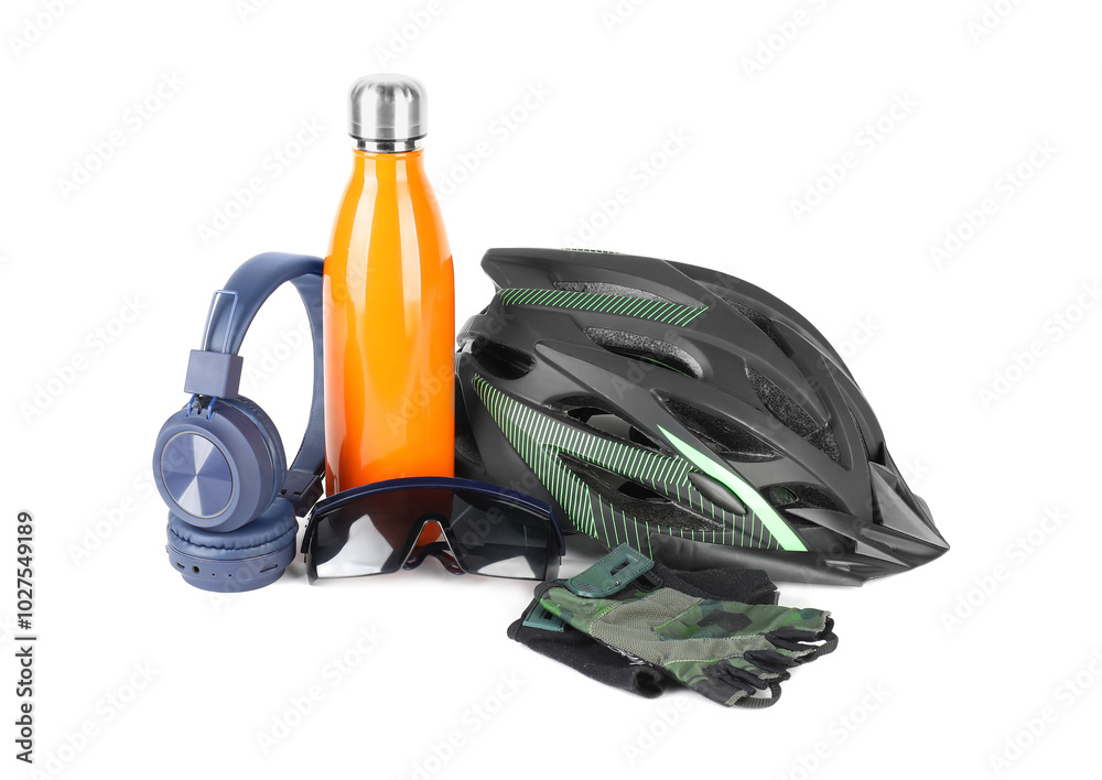 Naklejka premium Bicycle helmet, accessories, thermo bottle and headphones isolated on white