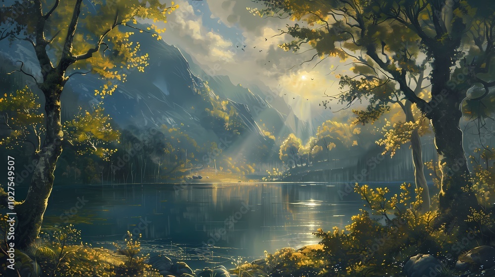 Fototapeta premium A tranquil lakeside scene with mountains, trees, and reflections in the water.