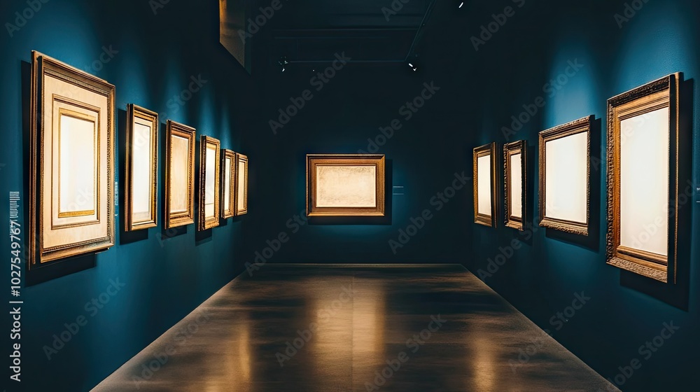 Art Gallery with Empty Frames on Blue Wall