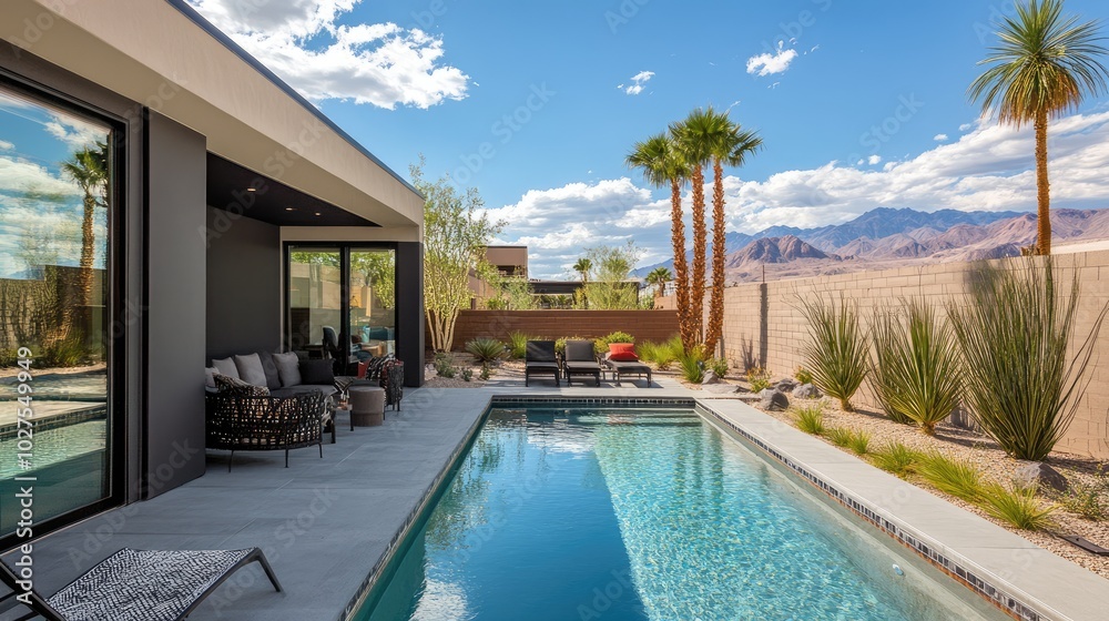 Fototapeta premium Modern Backyard Oasis with Pool and Mountain View