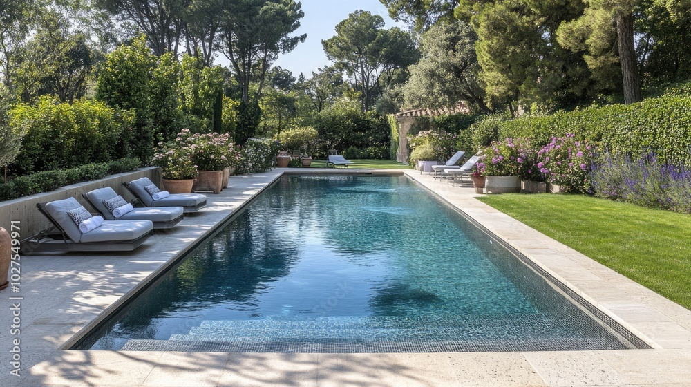 Serene Outdoor Pool Surrounded by Lush Greenery Serene Outdoor Pool Surrounded by Lush Greenery