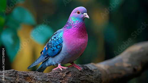 A vibrant, iridescent pigeon perched on a branch, showcasing its unique plumage. photo