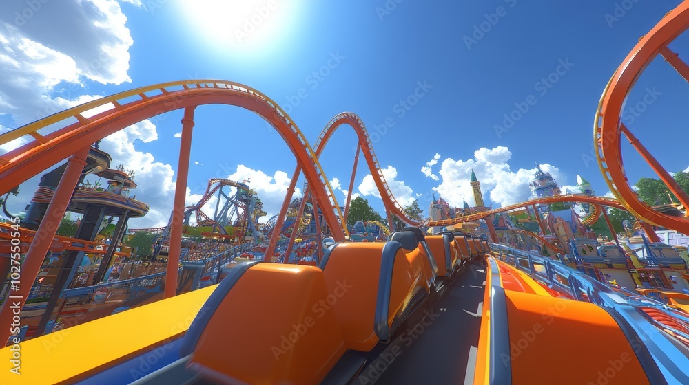 Colorful Roller Coaster Against Bright Blue Sky Colorful Roller Coaster Against Bright Blue Sky
