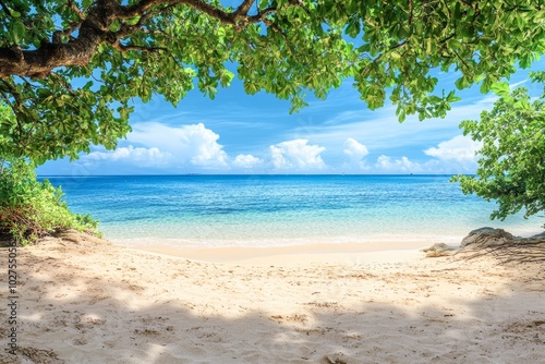 Beautiful tropical beach view with clear water and vibrant greenery.