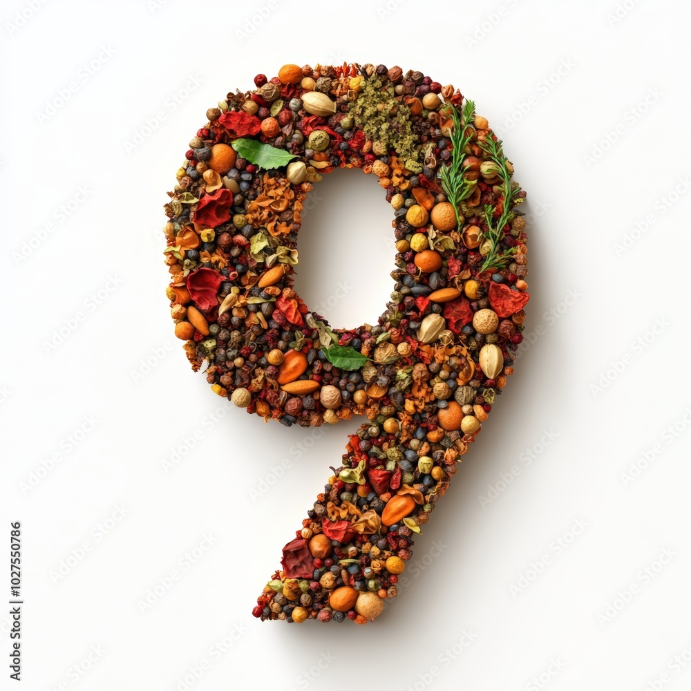 3D number 9 with spices texture realistic modern design, soft lighting, white background
