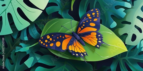 Treenymph butterfly resting on a vibrant green leaf, Butterfly perched on green leaf photo