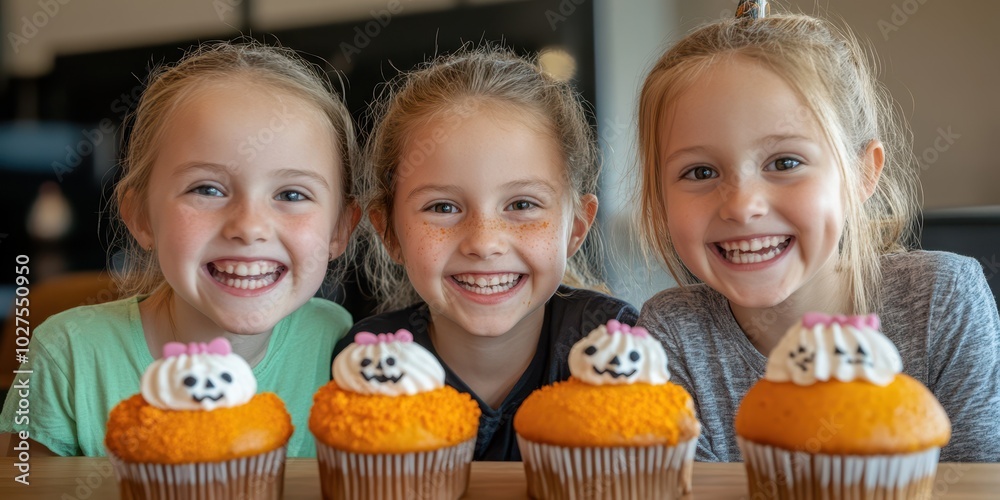 Fototapeta premium Three smiling girls enjoy colorful cupcakes, showcasing joy and friendship in a charming bakery setting.