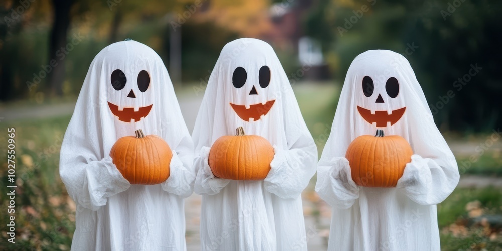 Obraz premium Three playful ghosts in costumes hold pumpkins, embodying the spirit of Halloween in a fun and festive outdoor setting.