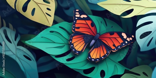 Treenymph butterfly resting on a vibrant green leaf, Butterfly perched on green leaf photo