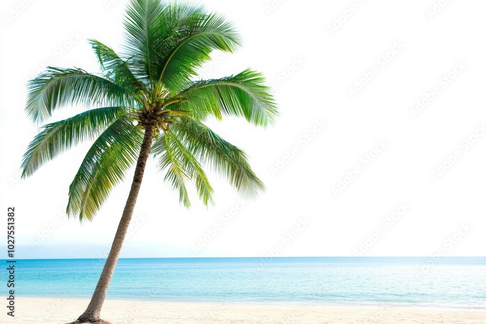 Obraz premium Palm tree on serene beach with clear blue water and white sand, peaceful isolated scene.