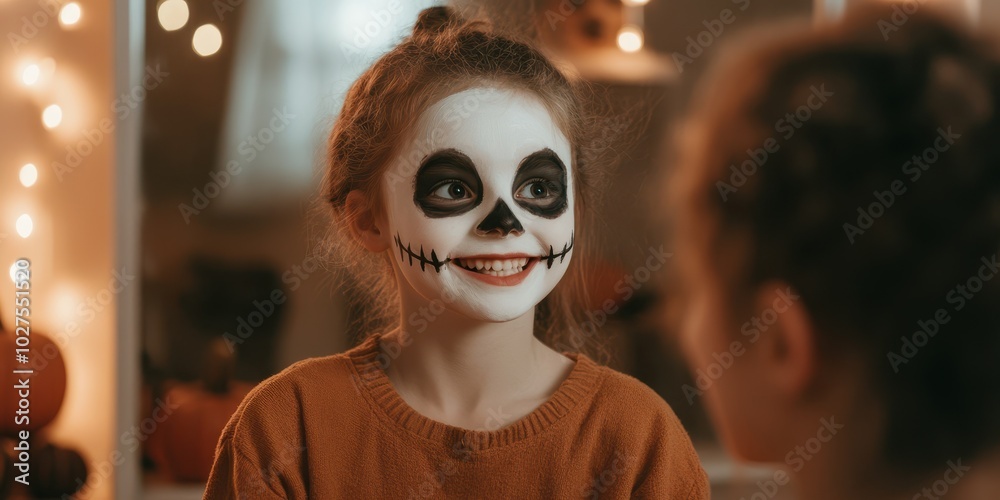 A cheerful girl wearing a skeleton makeup smiles brightly, capturing the spirit of Halloween festivities in a cozy setting. A cheerful girl wearing a skeleton makeup smiles brightly, capturing the spirit of Halloween festivities in a cozy setting.
