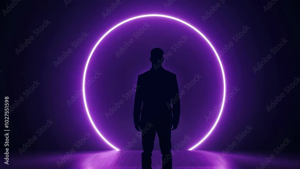 Silhouette of man facing glowing purple neon circle in futuristic setting Silhouette of man facing glowing purple neon circle in futuristic setting