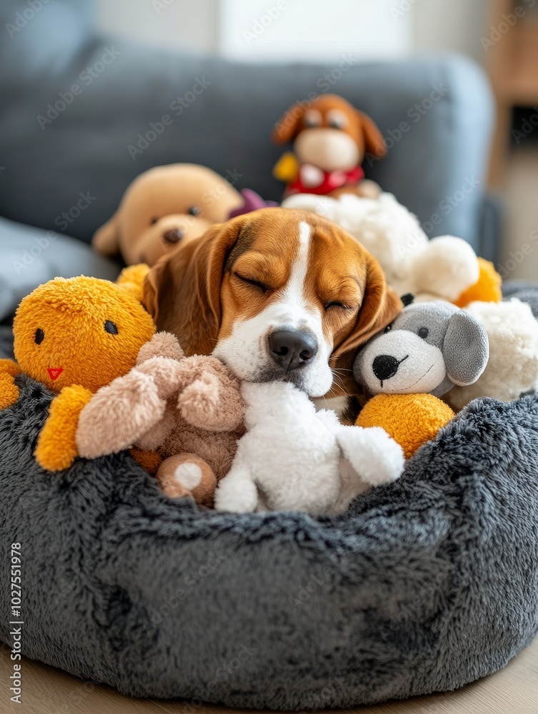 A sleeping beagle surrounded by plush toys in a cozy living room setting during the afternoon A sleeping beagle surrounded by plush toys in a cozy living room setting during the afternoon