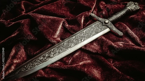 a broadsword with intricate engravings resting on a velvet cloth, emphasizing its elegance and significance