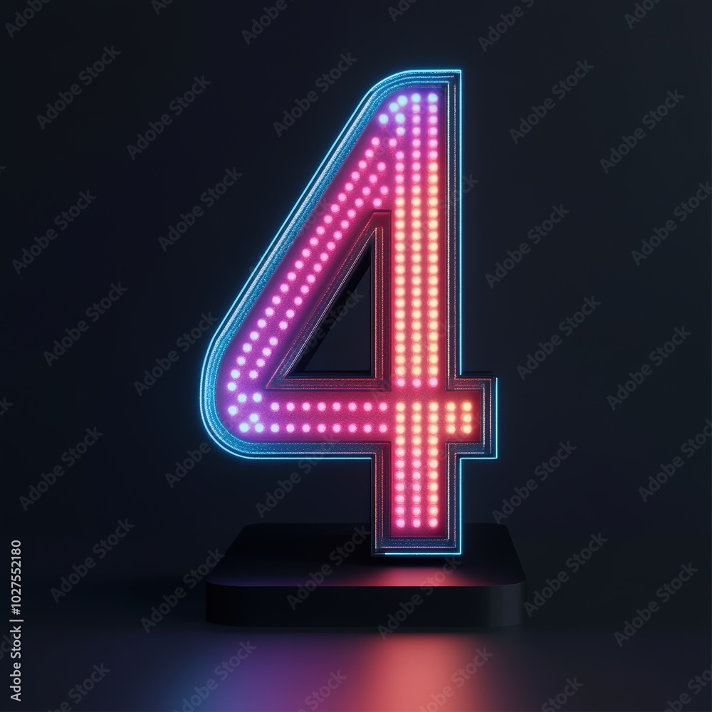 Fototapeta premium 3D number 4 with colored led light texture realistic modern design, soft lighting, black background 