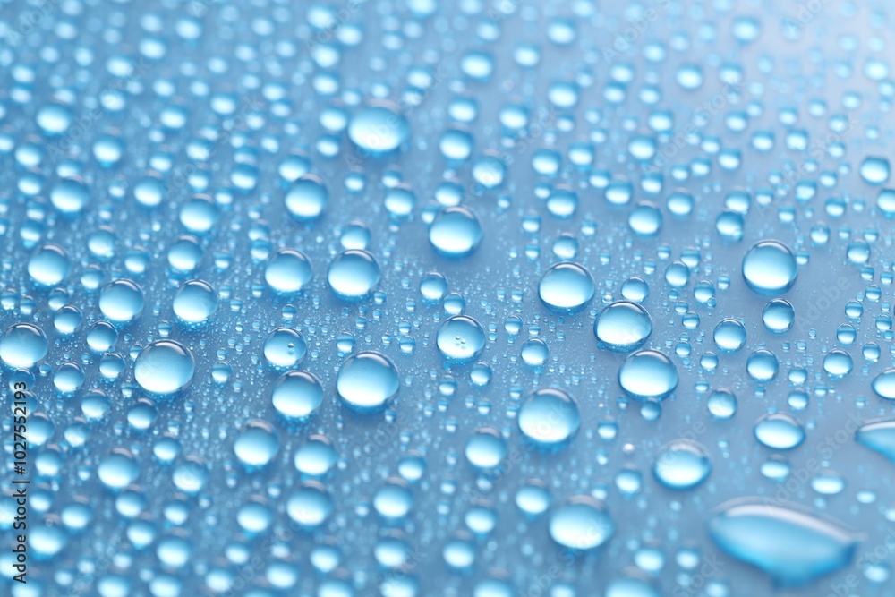 Water drops on light blue background, above view Water drops on light blue background, above view