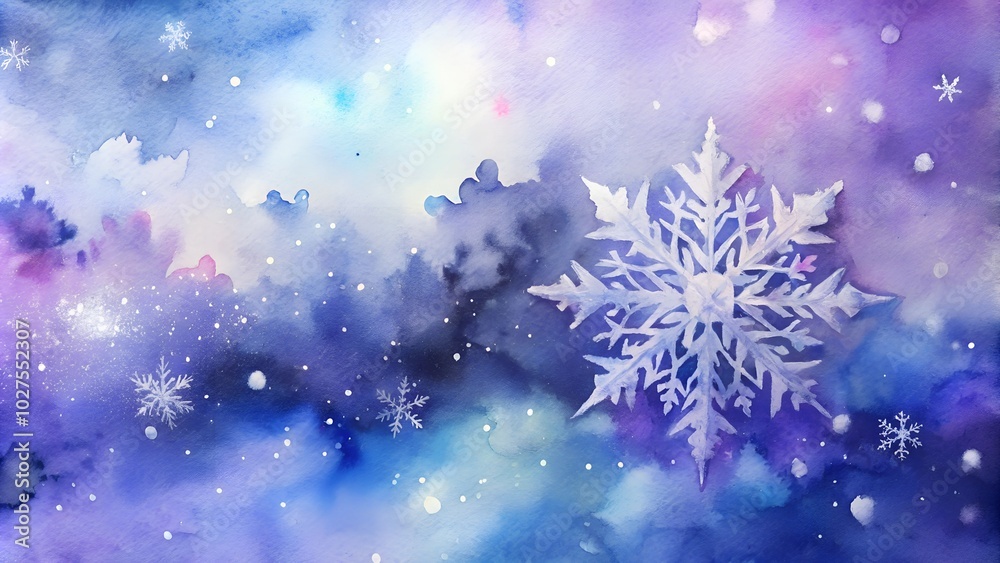 Whimsical snowflakes against a dreamy watercolor background in purple and blue tones