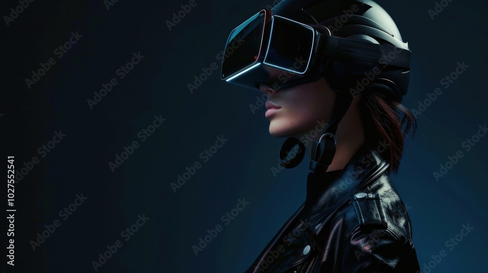 virtual reality, technology, futuristic, helmet, immersive experience, woman, black background, modern style, stylish attire, digital world, gaming, innovation, conceptual design, sci fi look, VR hea virtual reality, technology, futuristic, helmet, immersive experience, woman, black background, modern style, stylish attire, digital world, gaming, innovation, conceptual design, sci fi look, VR hea