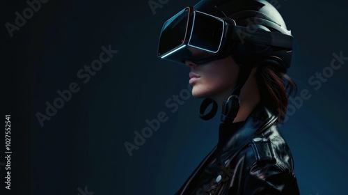 virtual reality, technology, futuristic, helmet, immersive experience, woman, black background, modern style, stylish attire, digital world, gaming, innovation, conceptual design, sci fi look, VR hea photo