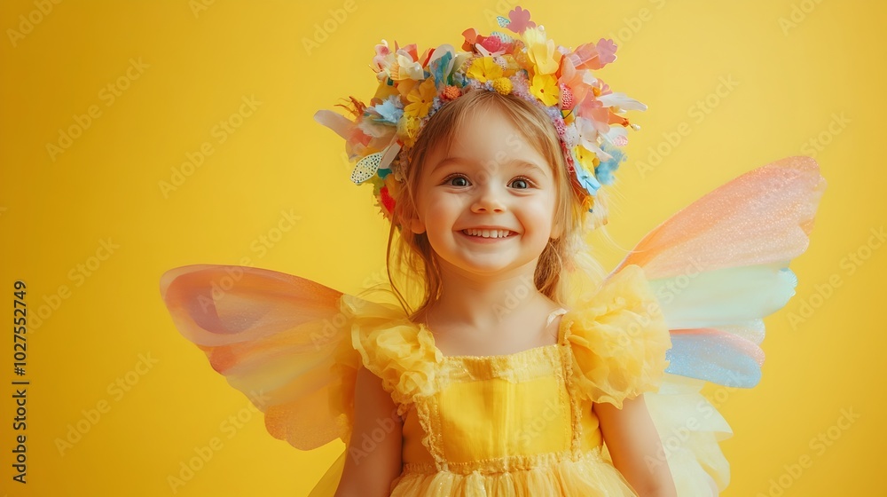 Portrait of a joyful and cheerful child dressed in a whimsical fairy costume posing happily against a plain sunshine yellow studio background with copy space Portrait of a joyful and cheerful child dressed in a whimsical fairy costume posing happily against a plain sunshine yellow studio background with copy space
