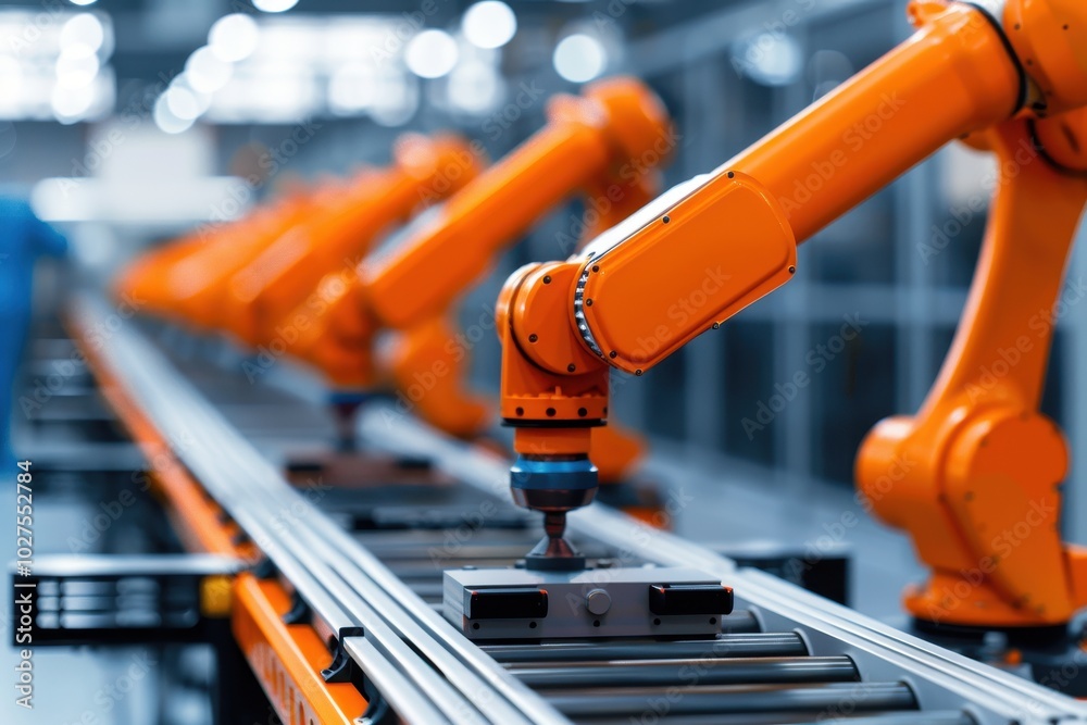 Close-up of an industrial robotic arm on an automated production line in a modern factory, showcasing advanced manufacturing technology. Close-up of an industrial robotic arm on an automated production line in a modern factory, showcasing advanced manufacturing technology.