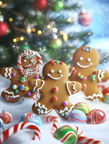 Festively decorated gingerbread cookies surrounded by candy and a Christmas tree backdrop.