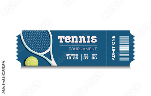 Vector sport tickets isolated on white background. Tennis ticket card template. Card invitation, event and date, place sector. Ticket icon for website. Tennis Tournament.Racket for tennis and ball.