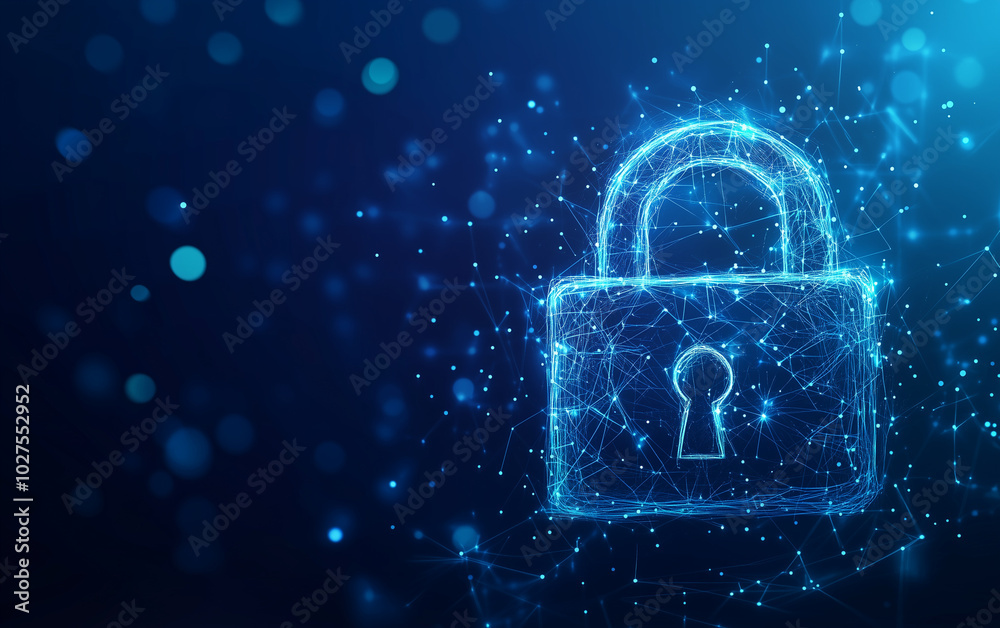A lock made of glowing dots on a blue background, symbolizing data security and cyber protection with digital technology for network or website design.