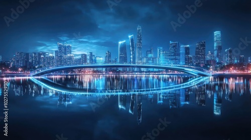 a city skyline with a modern bridge illuminated at night, showcasing urban development and innovation