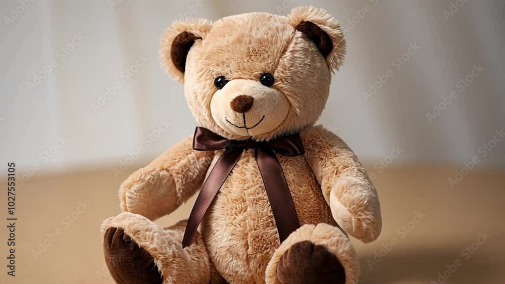 A brown teddy bear with dark shades on the ears and paws, round eyes, and a small nose sits on a light brown surface. It has a dark brown ribbon tied around its neck. A brown teddy bear with dark shades on the ears and paws, round eyes, and a small nose sits on a light brown surface. It has a dark brown ribbon tied around its neck.