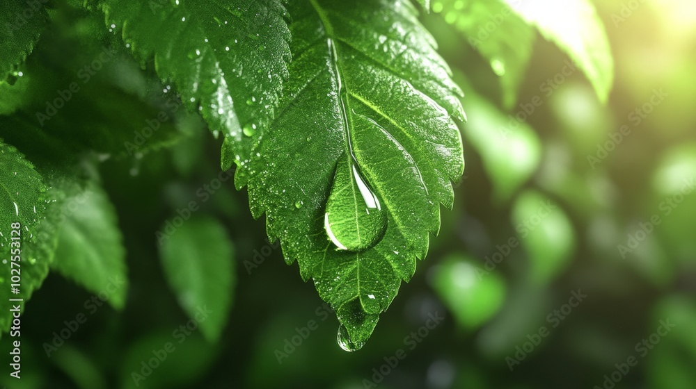 Refreshing Green Leaf with Dew Drop - Nature's Tranquility Refreshing Green Leaf with Dew Drop - Nature's Tranquility