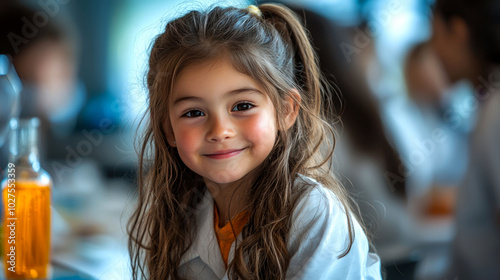 Wallpaper Mural A young girl in a white lab coat smiles while sitting at a lab table. Torontodigital.ca