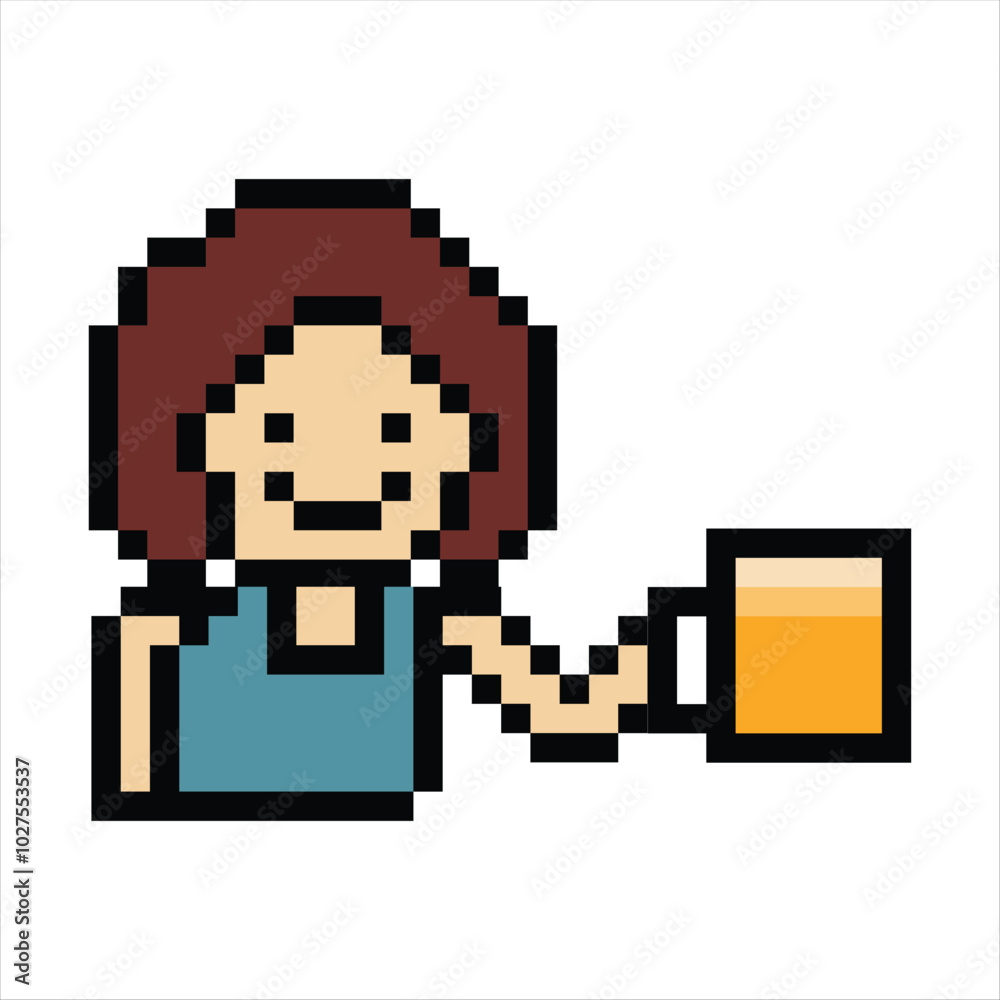 Obraz premium Cute pixel cartoon 8bit character woman drink beer alcohol party hangout lifestyle decoration life style 8 bit female girl drinking beer isolated png vector.
