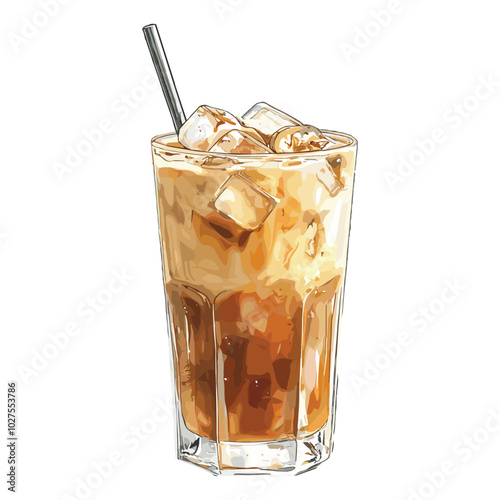 iced coffee cafe latte in watercolor illustration style, isolated vector on white background