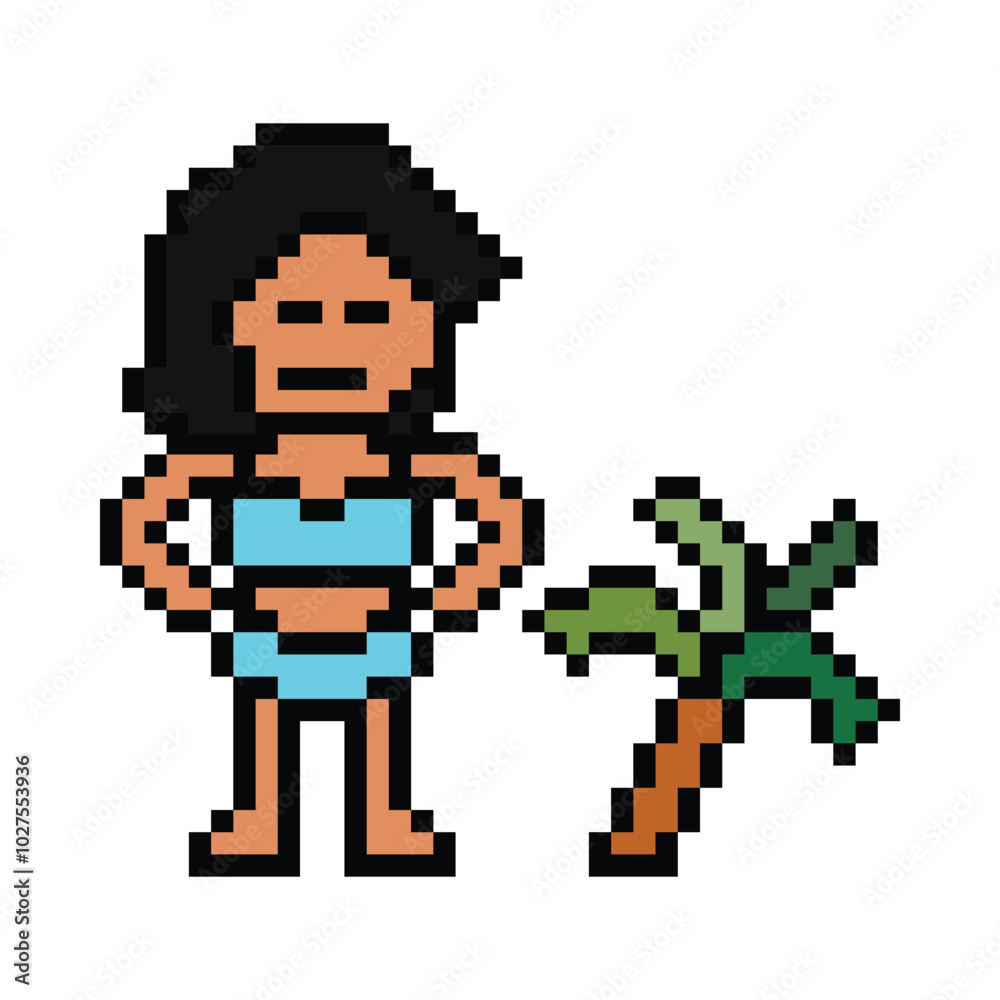 Obraz premium Cute pixel cartoon two piece character woman bikini swimming suit game summer beach vacation for decoration lifestyle female bikini cartoon 8 bit holiday relax pixel art png vector.