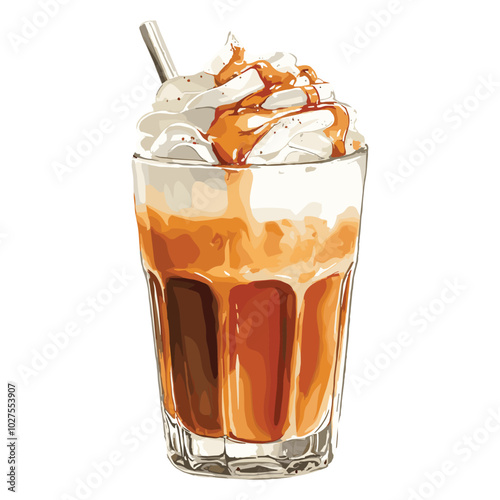 caramel macchiato in watercolor illustration style, isolated vector on white background