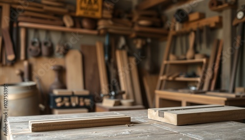 An antique carpentry shop, soft light streaming through the windows.