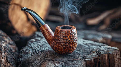 a rustic smoking pipe made from briar wood, showcasing its unique grain patterns and craftsmanship photo