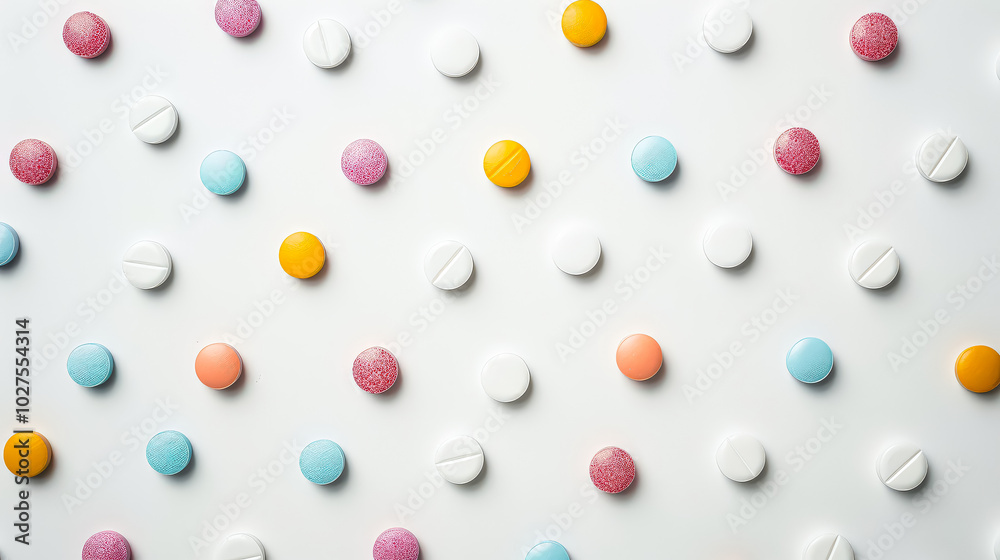 Colorful array of pills are scattered across a white background. The pills come in a variety of shapes and colors, including red, yellow, blue, and white. Concept of diversity and abundance Colorful array of pills are scattered across a white background. The pills come in a variety of shapes and colors, including red, yellow, blue, and white. Concept of diversity and abundance