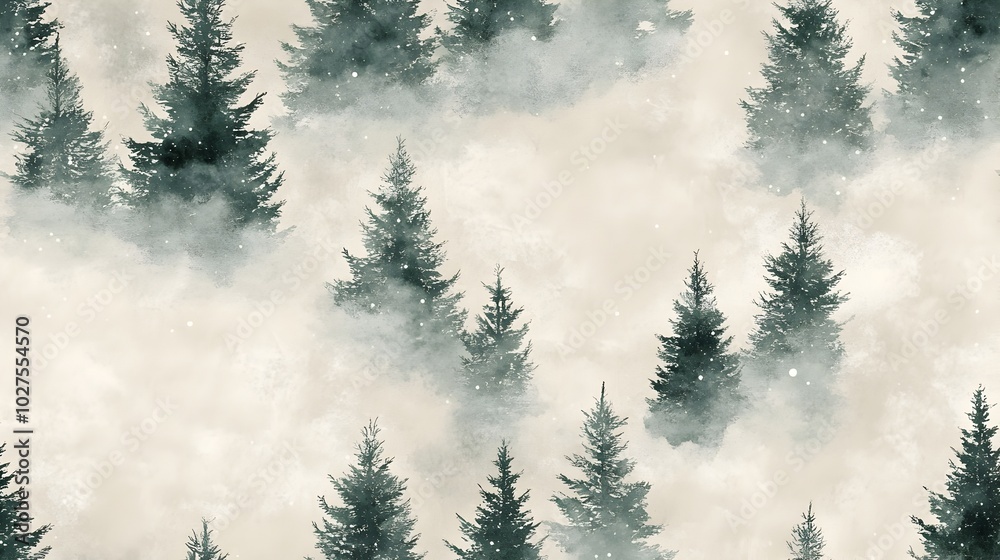 Fototapeta premium Minimalist watercolor painting of fir trees against a snowy landscape featuring soft green and white tones with an airy ethereal composition in a seamless repeating pattern This serene
