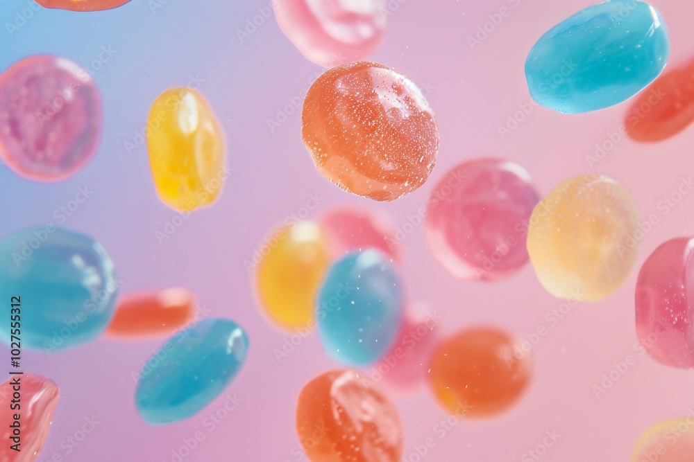 Round colorful Jelly falling in the air on pink background , created by ai Round colorful Jelly falling in the air on pink background , created by ai