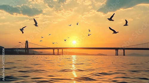 Sunset Seagulls Over River Bridge, Golden Reflections on Calm Waters