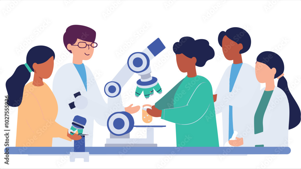 A robotics engineer calibrating a robotic arm, while colleagues of different backgrounds assist vector illustration. A robotics engineer calibrating a robotic arm, while colleagues of different backgrounds assist vector illustration.