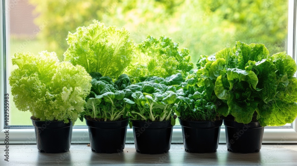 Fresh Green Lettuce and Spinach in Pots on Window Sill Fresh Green Lettuce and Spinach in Pots on Window Sill