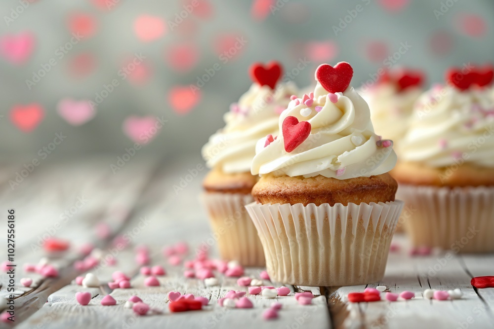 Row of butter Cupcake muffin cake with cream icing frosting and heart love shape sprinkles topping scattered on wooden background, created by ai Row of butter Cupcake muffin cake with cream icing frosting and heart love shape sprinkles topping scattered on wooden background, created by ai