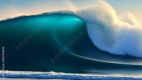 Powerful blue ocean wave crashing at sunrise in seamless looping 4k time-lapse video background. photo